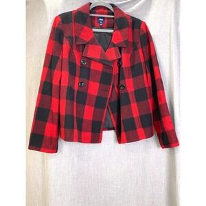 Gap Red Black Buffalo Plaid Wool Blend Peacoat Cropped Jacket M‎